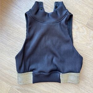 Koral Black Ribbed High-Neck Sports Bra with Gold Band